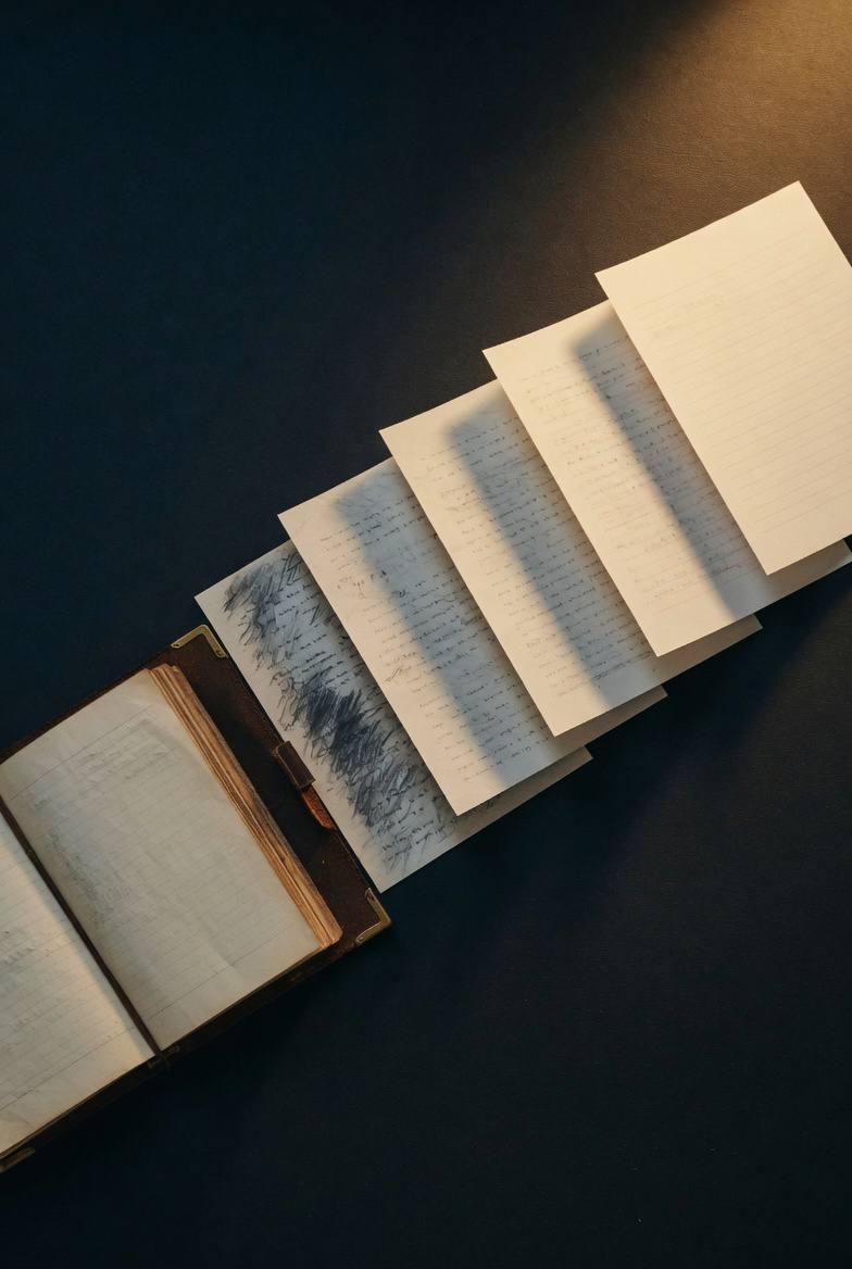 An open journal beside a fan of handwritten draft pages, lit from above